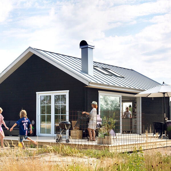 Vit pardörr med mellanglasliggande spröjs på ett svart trähus med altan
