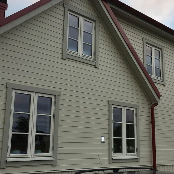 Två sidohängda spröjsade träfönster på grön träfasad
