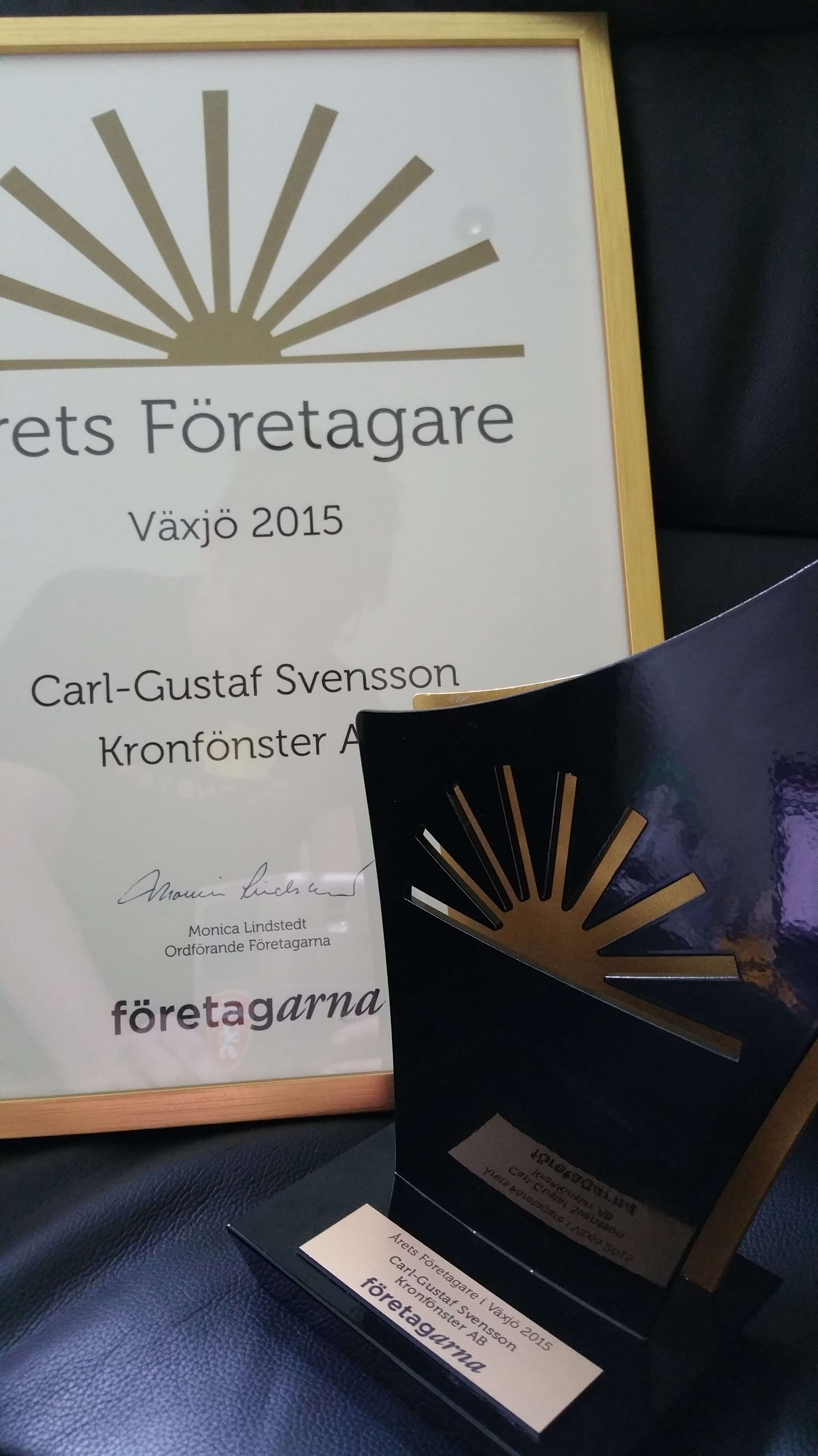 Kronfönster grundare Carl-Gustaf Svensson med Årets Företagare-pris