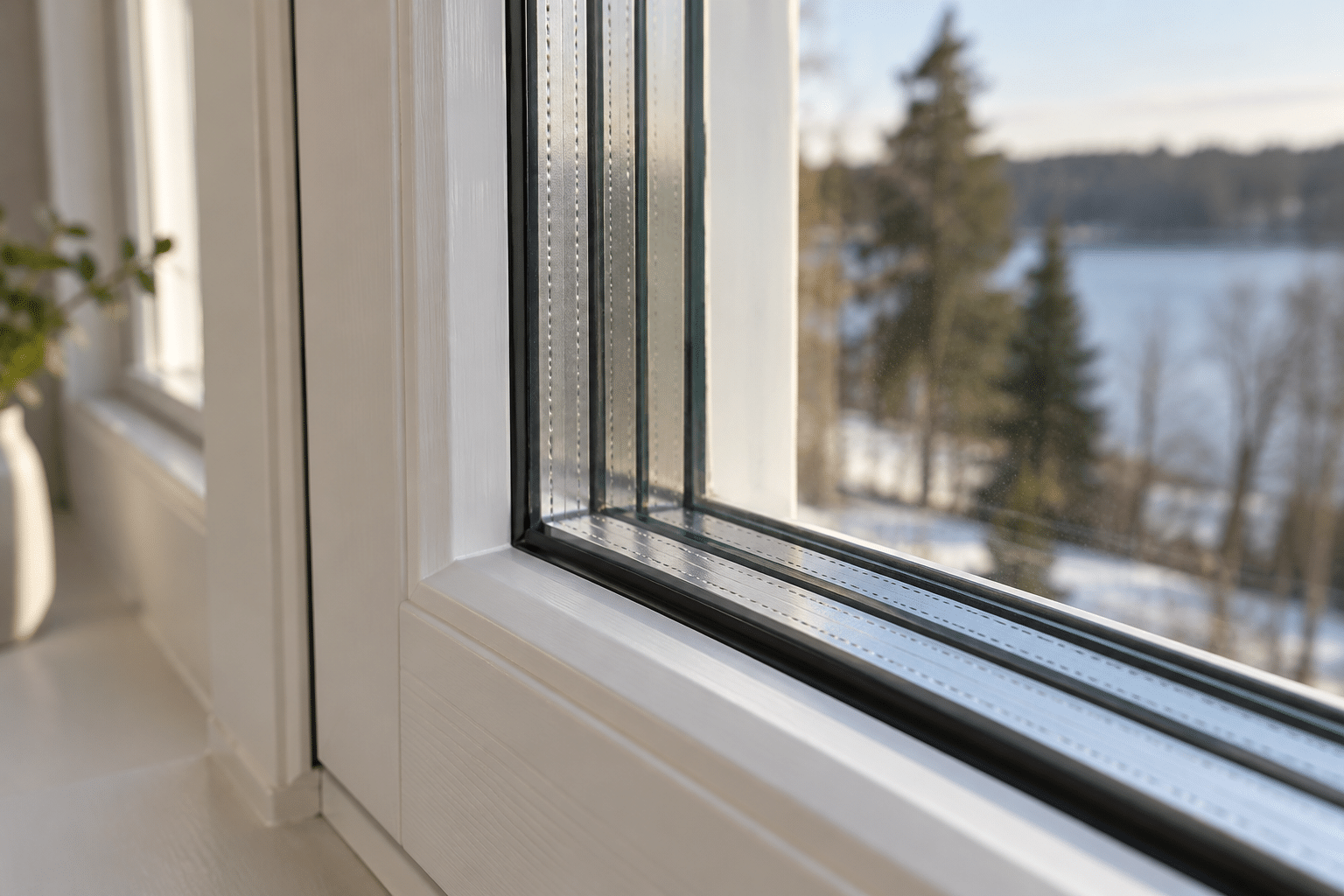 Närbild på treglasfönster där glas, karm och glaskant påverkar fönstrets Uw-värde