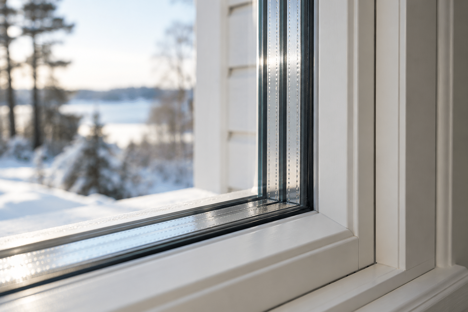 Detalj av treglasfönster med glaskanter och distanslister som påverkar fönstrets U-värde