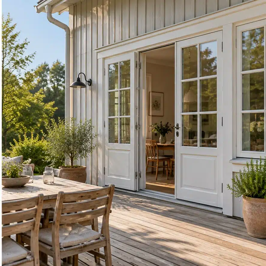 Vita glasade altandörrar med spröjs mot träaltan på svenskt trähus
