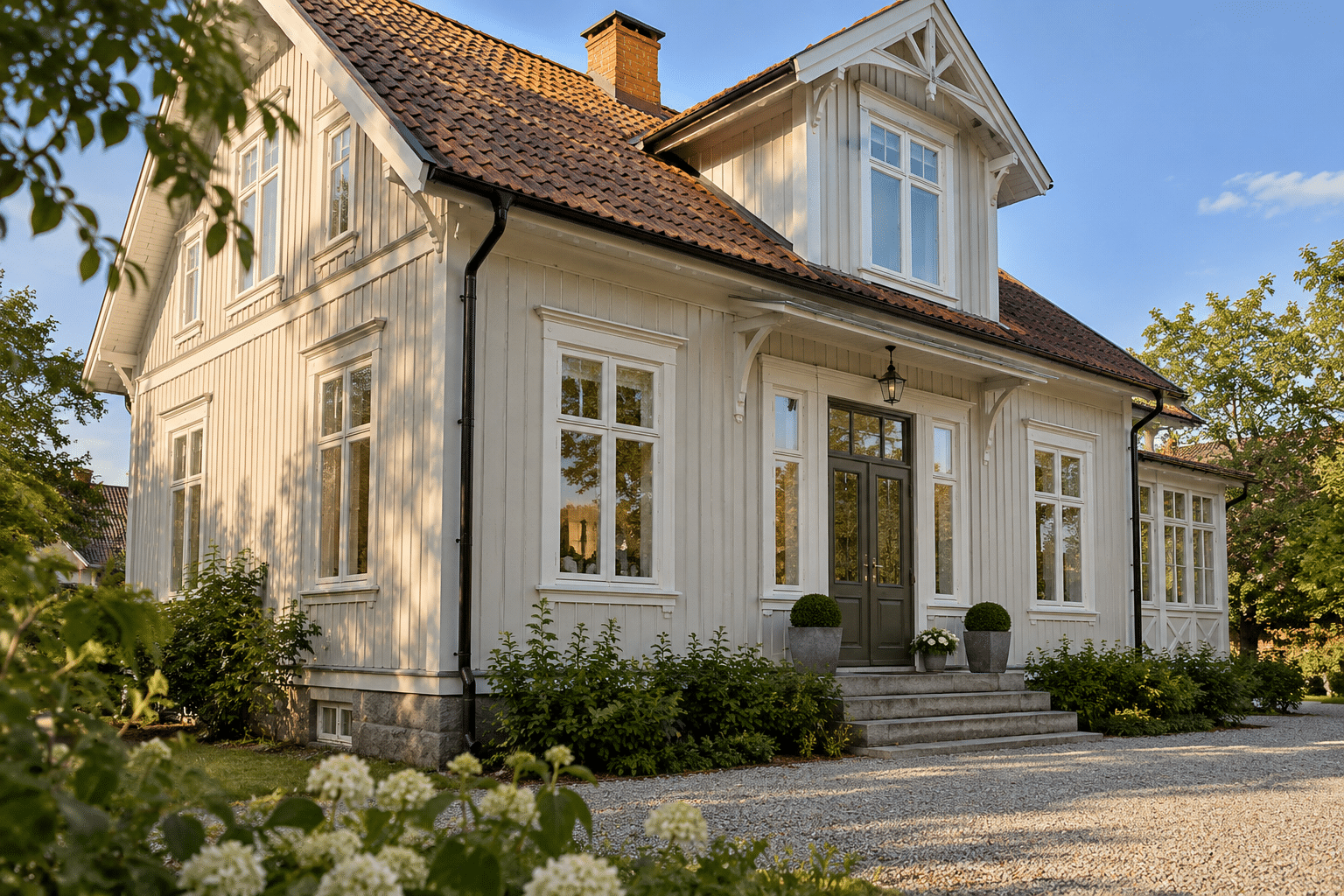 Svenskt sekelskifteshus med klassiska flaggfönster i vit träfasad
