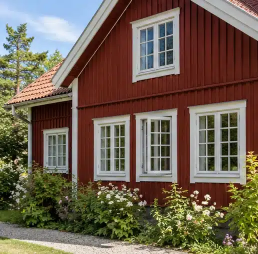 Rött svenskt trähus med vita spröjsade fönster och grönskande trädgård.