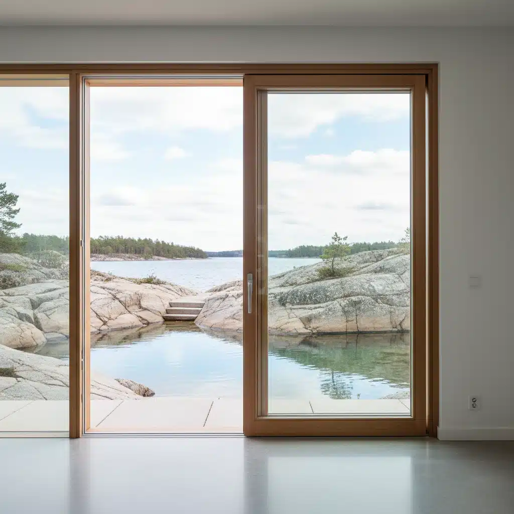 Stora glaspartier med träramar i ljust vardagsrum med utsikt över vatten och klippor
