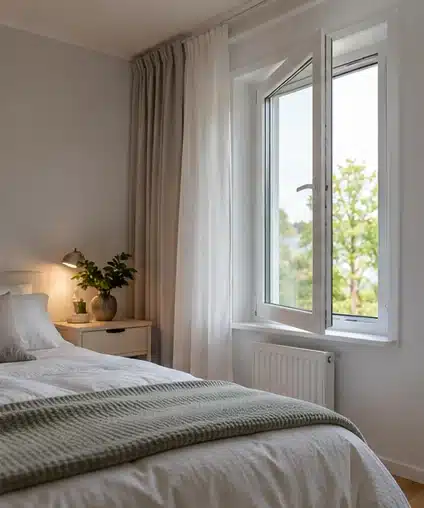 Ljust sovrum med ett öppet vitt fönster och utsikt mot grönska.