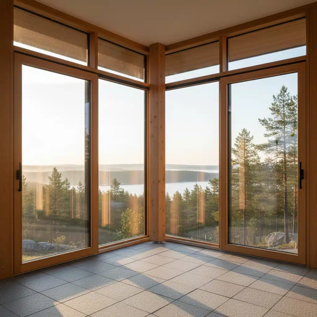 Ljust hörnrum med stora träramade glaspartier och utsikt över skog och vatten