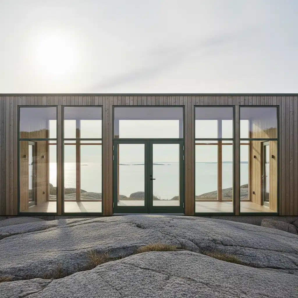 Glasade fasadpartier med smala mörka profiler på trähus vid havet
