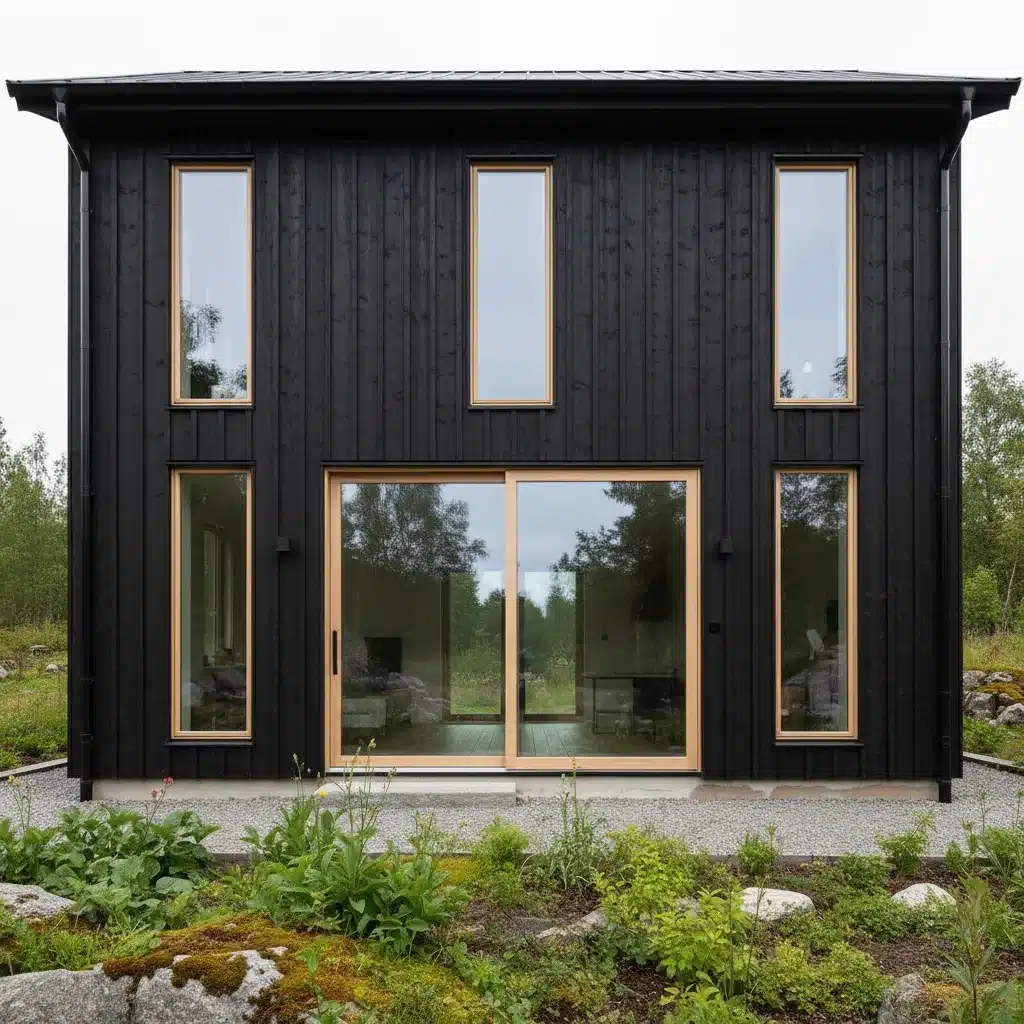 Modernt tvåvåningshus med svart träfasad, stort glasparti och smala stående fönster