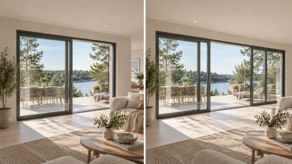 Illustrativ jämförelse av tvådelad och fyrdelad skjutdörr i ljusa vardagsrum