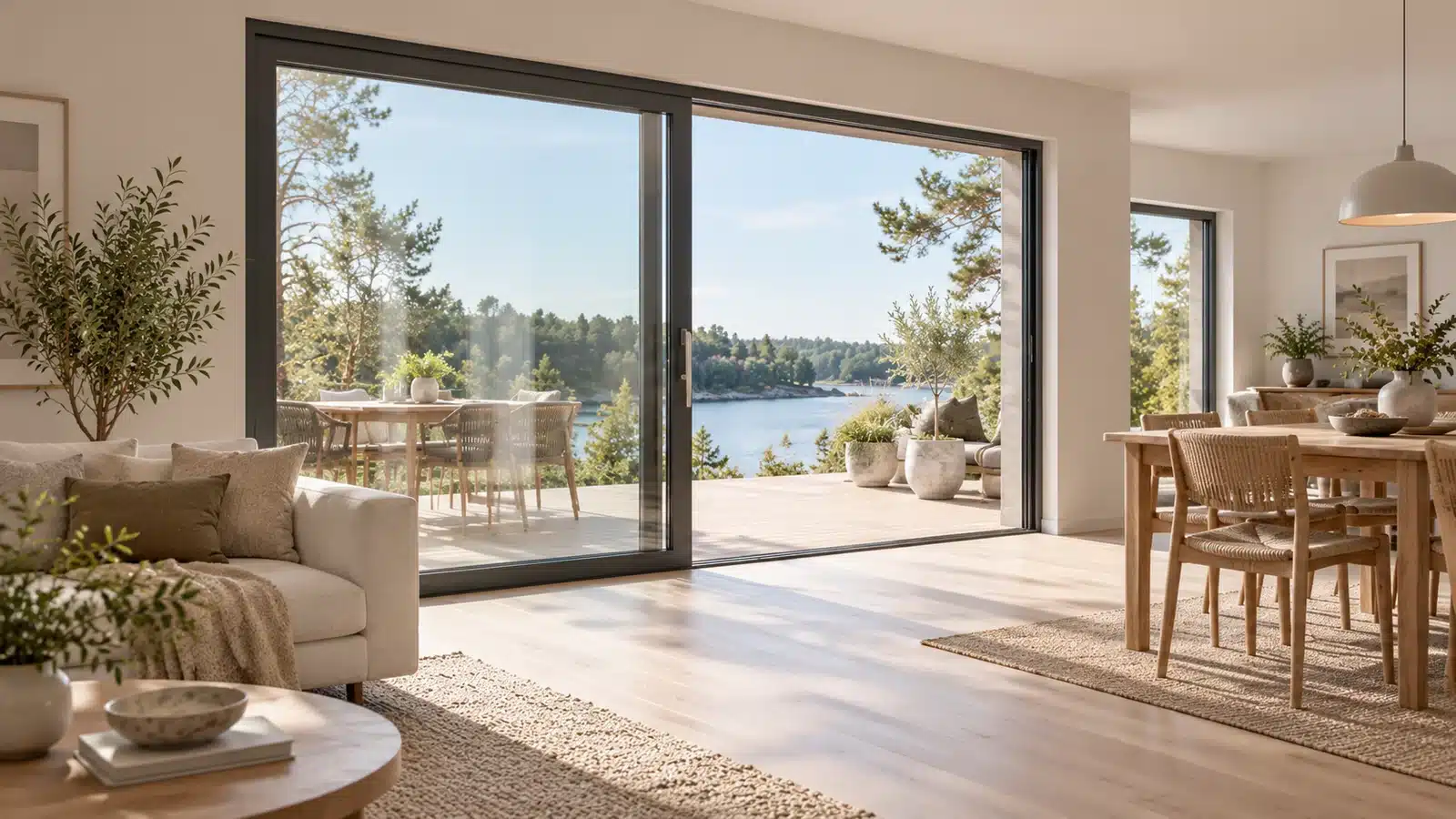 Vardagsrum med tvådelad skjutdörr, matplats och fri passage till terrassen